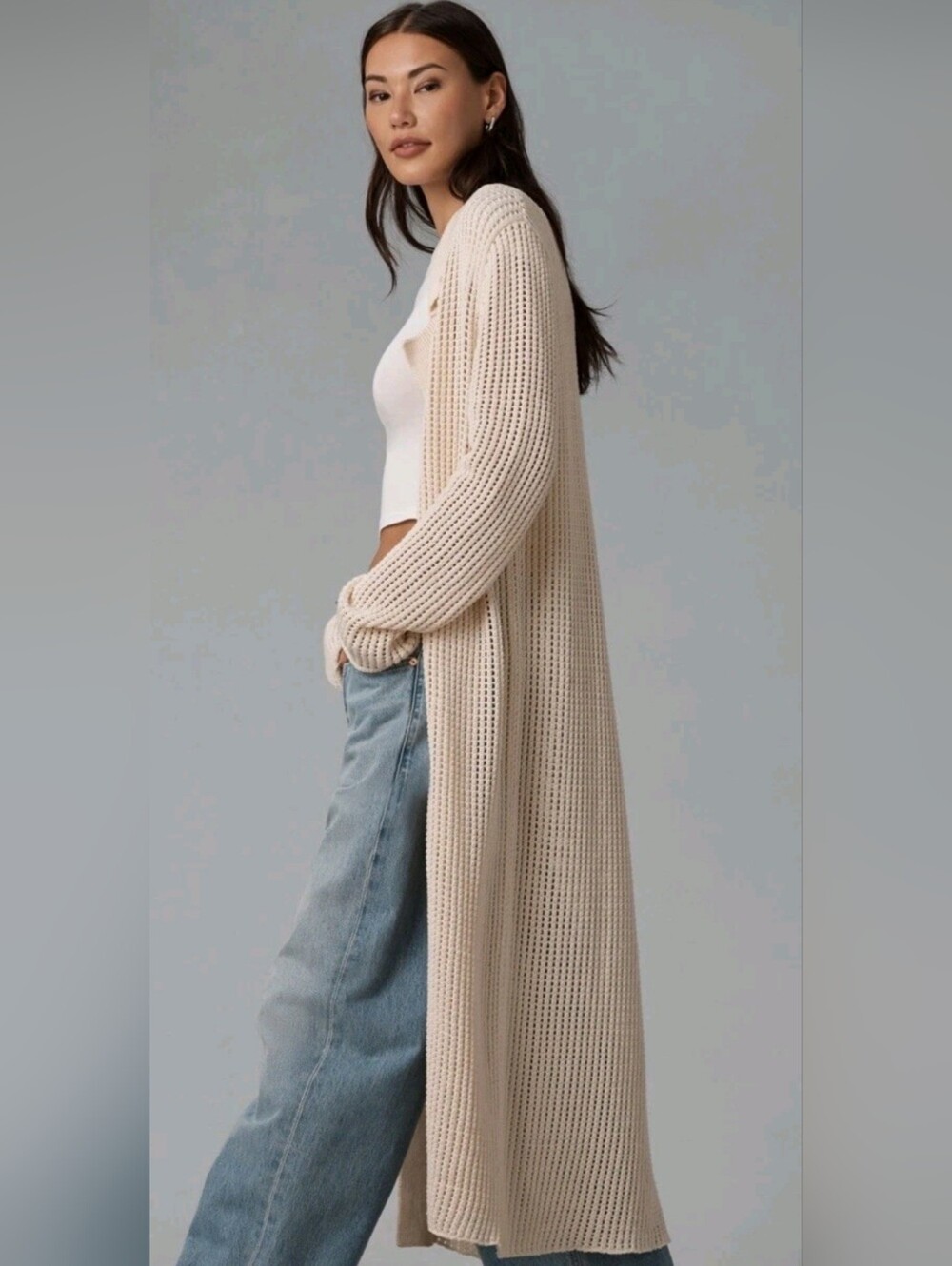 Anthropologie Pilcro Cream Open-Weave Knit Cardigan Duster